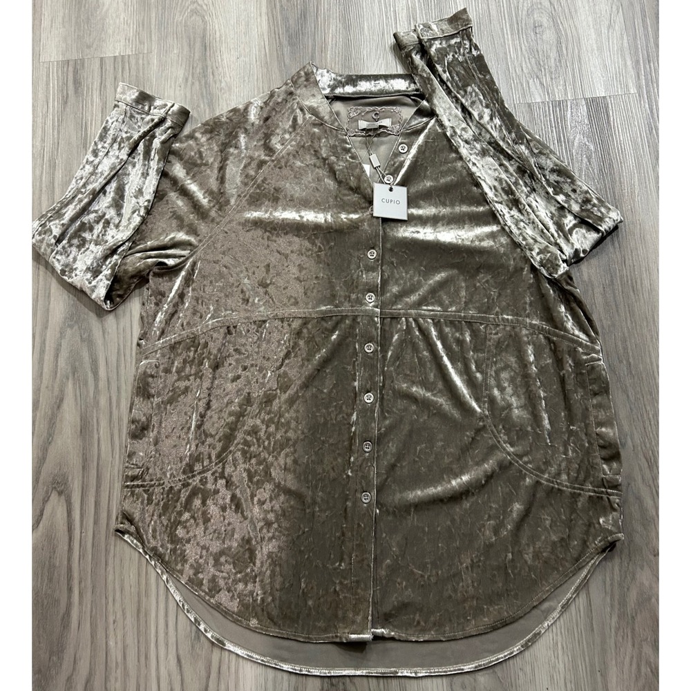 Cupio NWT Women Feather‎ Gray Taupe Crushed Velvet Button Down Tunic Shirt Large